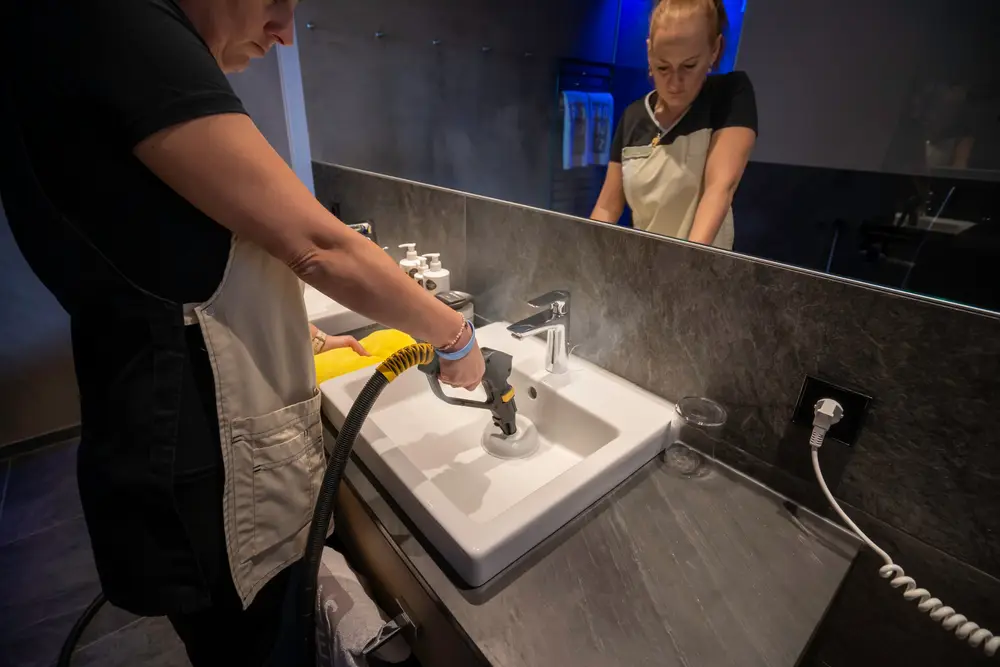 Hotel bathroom with steam